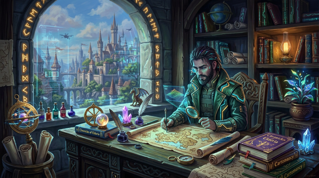 Elven cartographer drawing a map beside magical books, crystals, and potions